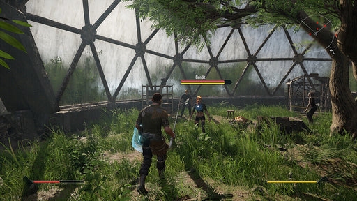 In-game screenshot - action from ELEX II on PC Steam, showing the protagonist engaging in a combat encounter with bandits inside a futuristic dome overgrown with vegetation. Experience the open-world RPG adventure by purchasing your ELEX II Steam key at RushGame.co