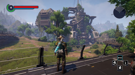 Screenshot - "ELEX PC Steam gameplay screenshot featuring the protagonist overlooking a massive overgrown industrial structure in a vast open-world environment. Buy your ELEX digital game key at RushGame.co and embark on an action-packed sci-fi RPG journey.