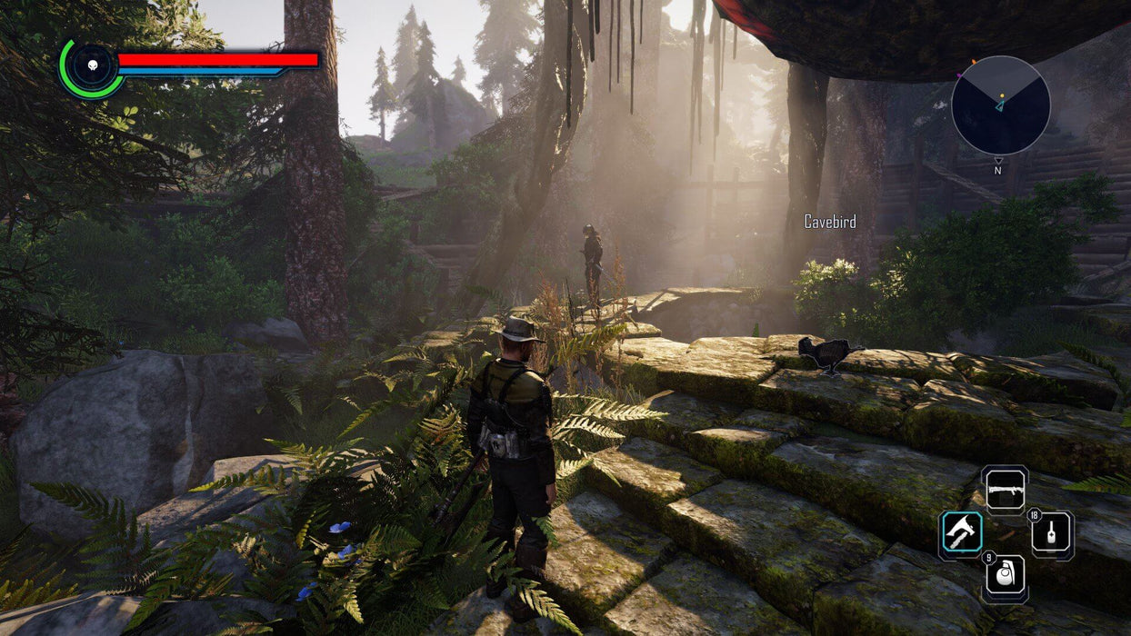 Screenshot - "ELEX PC Steam in-game scene showing the protagonist navigating a lush, forested area illuminated by sunlight, with another character standing on a moss-covered stone path. Get your ELEX Steam key at RushGame.co and dive into an RPG filled with exploration and danger
