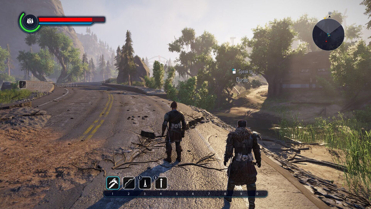 Screenshot - "ELEX PC Steam gameplay image depicting two armored warriors standing on a cracked road in a post-apocalyptic landscape surrounded by nature. Purchase your ELEX digital game key at RushGame.co and experience an epic sci-fi fantasy RPG with deep storytelling and choices
