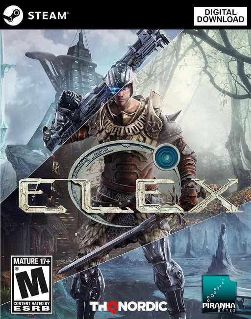 Cover art for ELEX PC Steam CD Key, featuring a warrior in a mix of futuristic and medieval armor, wielding a powerful weapon, set against a divided backdrop of icy and forested landscapes. Get your ELEX digital key at RushGame.co and explore an immersive open-world RPG adventure