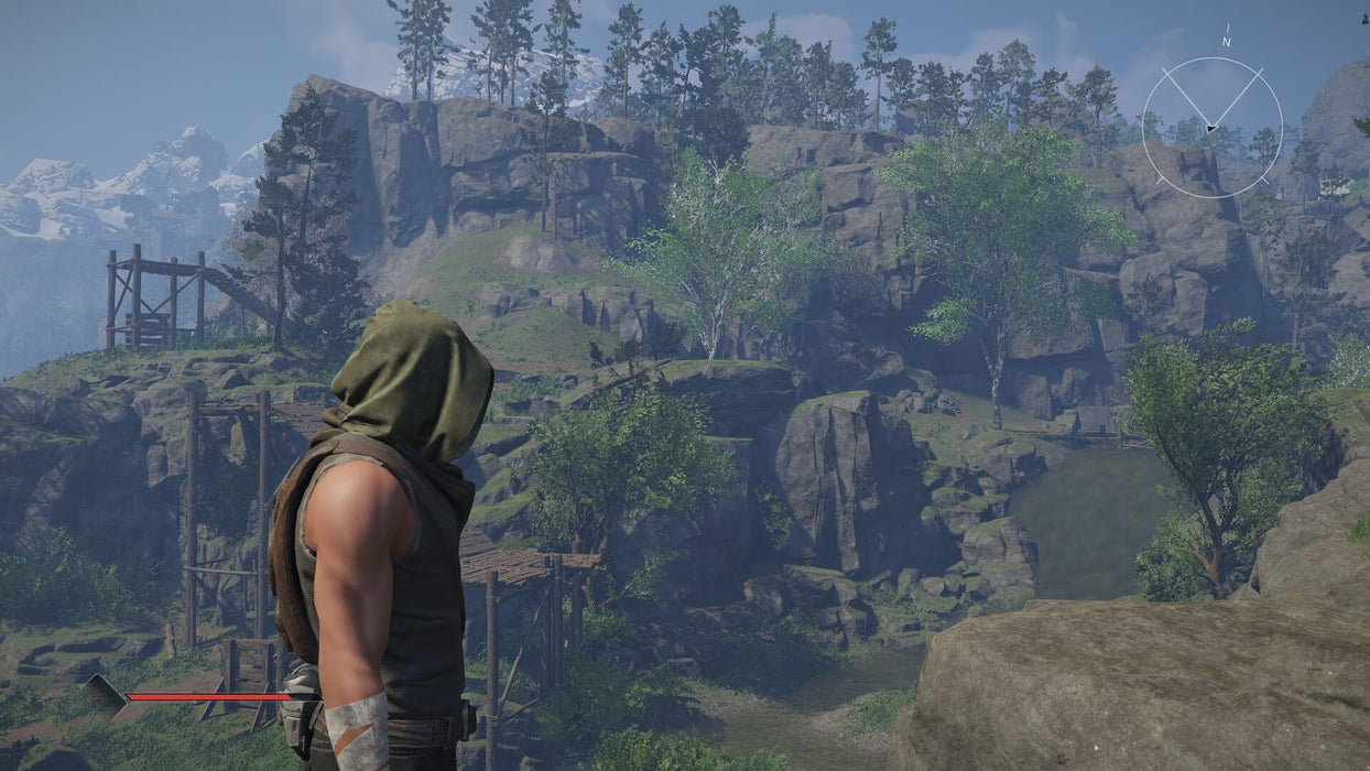 Screenshot - In-game scene from ELEX on Xbox One, showcasing a hooded character overlooking a rugged mountainous landscape with wooden bridges and snowy peaks. Secure your ELEX Xbox One CD Key at RushGame.co and explore a post-apocalyptic world shaped by factions and survival