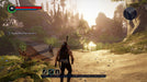 Screenshot - ELEX Xbox One gameplay screenshot showing a warrior equipped with a bow, exploring a sunlit valley with lush greenery, ruins, and a flowing river. Buy your ELEX Xbox One CD Key at RushGame.co and experience a vast open-world RPG filled with choices and combat