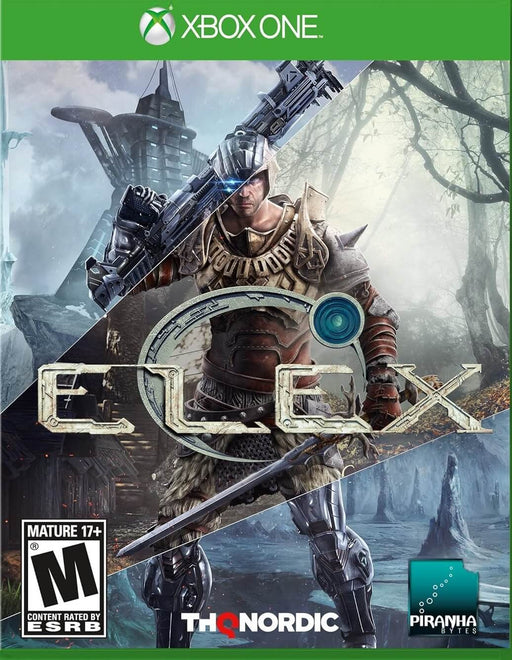 cover art for ELEX Xbox One CD Key, featuring a warrior in hybrid sci-fi and medieval armor, armed with futuristic weapons, standing against a divided backdrop of icy wastelands and dark forests. Get your ELEX digital key for Xbox One at RushGame.co and dive into an epic open-world RPG adventure