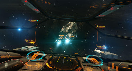 Screenshot - Elite: Dangerous PC Steam gameplay screenshot showing a first-person cockpit view as a player navigates space, targeting a heavily armed spaceship with HUD elements displaying missile and laser weaponry. Get your Elite: Dangerous Steam key at RushGame.co and engage in deep-space exploration and combat.