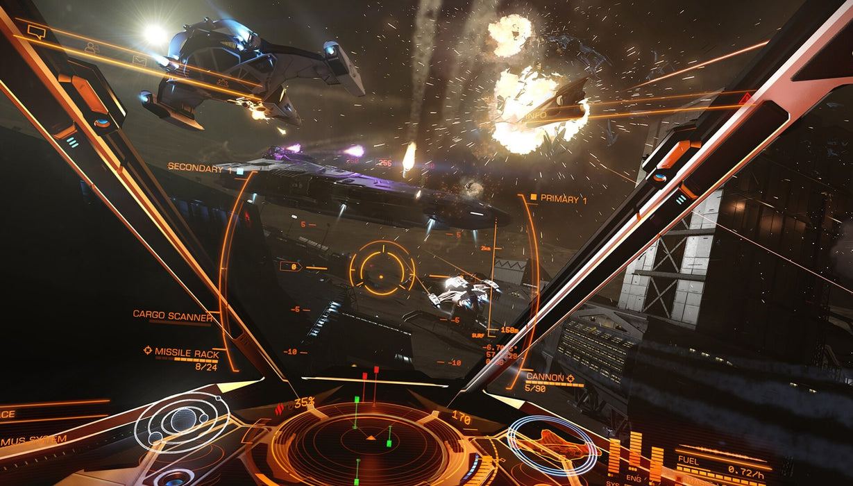 Screenshot - Elite: Dangerous PC Steam in-game scene depicting an intense space battle with multiple spacecraft engaged in a firefight, missiles flying, and explosions lighting up the dark void. Buy your Elite: Dangerous CD Key at RushGame.co and experience thrilling intergalactic combat
