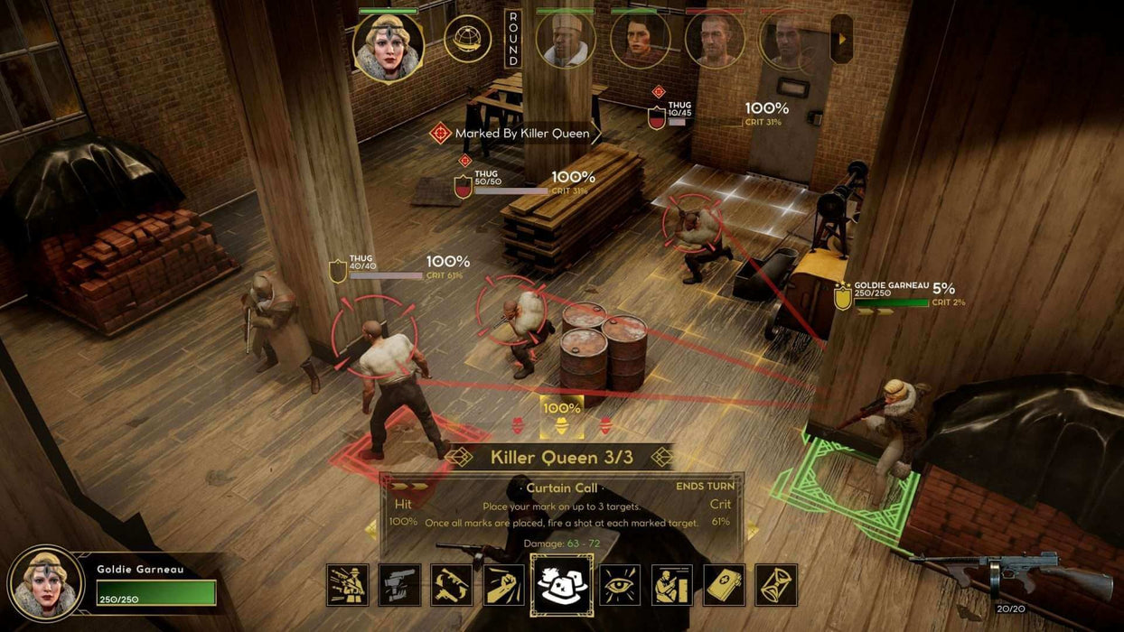 Gameplay screenshot - Empire of Sin Xbox One gameplay screenshot showing a turn-based combat scenario in a dimly lit wooden warehouse. Several gangsters are engaged in a firefight, with character stats and abilities displayed on the screen. Get your Empire of Sin Xbox One key instantly at RushGame.co