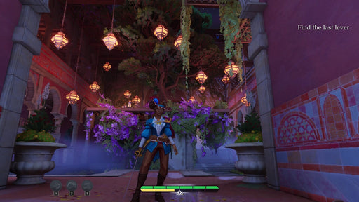 In-game screenshot - En Garde! PC Steam gameplay set inside a beautifully decorated palace with hanging lanterns, intricate wall patterns, and lush purple flowers. The protagonist stands ready for action, rapier in hand. Secure your En Garde! PC Steam digital key at RushGame.co and experience dynamic, fast-paced swordplay