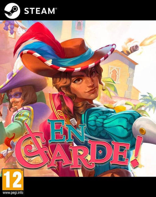 En Garde! PC Steam cover art featuring a daring female swashbuckler in a feathered hat, striking a confident pose with her rapier. The colorful background showcases a lively city with cannon fire in the distance. Buy your En Garde! PC Steam digital key now at RushGame.co for an action-packed adventure