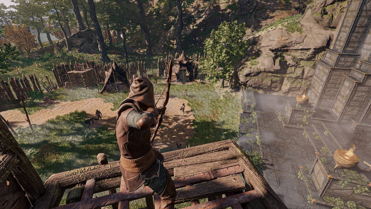 Enshrouded PC Steam gameplay screenshot showing an archer in a hooded cloak aiming his bow from an elevated wooden platform, overlooking a fortified enemy camp surrounded by dense forest. Shadows and lighting enhance the immersive survival RPG experience. Get your Enshrouded PC Steam key instantly at RushGame.co