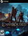 Enshrouded PC Steam cover art featuring a group of warriors and spellcasters in a dark fantasy setting, standing against eerie glowing creatures in the shadows. The game's title appears in a medieval-style font, emphasizing its survival RPG elements. Buy your Enshrouded PC Steam digital key now at RushGame.co and dive into an epic adventure