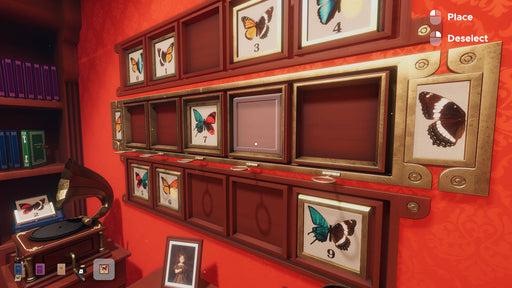 Gameplay screenshot - Escape Simulator PC Steam gameplay set in an elegant red-walled study, showcasing a butterfly collection puzzle with numbered slots and ornate decorations. A gramophone and bookshelves add to the classic escape room atmosphere. Buy your Escape Simulator PC Steam digital key now at RushGame.co and dive into a world of immersive puzzles