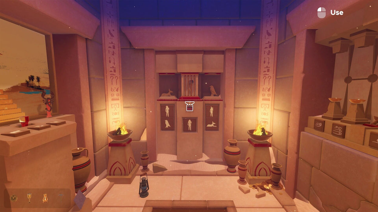 Escape Simulator PC Steam puzzle 
 game scene inside a mysterious Egyptian tomb, featuring a decorated wall with hieroglyphic symbols, animal carvings, and glowing fire pits. A locked compartment awaits the correct puzzle solution. Secure your Escape Simulator PC Steam activation key today at RushGame.co and solve intricate escape room challenges