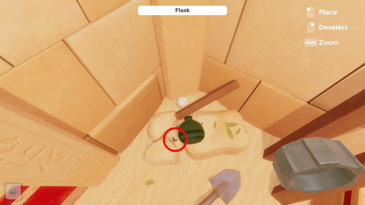 Escape Simulator PC Steam gameplay screenshot showing a close-up of a puzzle inside an ancient Egyptian-themed escape room. A green flask is lying on sandy ground, surrounded by stone walls and wooden objects, with interactive options displayed on the screen. Get your Escape Simulator PC Steam key instantly at RushGame.co and uncover hidden clues