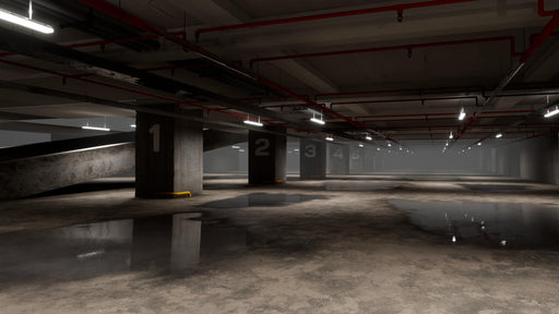 Gameplay screenshot - Escape the Backrooms PC Steam gameplay screenshot depicting an empty underground parking garage with numbered pillars, dim lighting, and puddles of water on the floor. The ominous setting enhances the game's tense atmosphere. Get your Escape the Backrooms PC Steam key instantly at RushGame.co and navigate the horror-filled maze