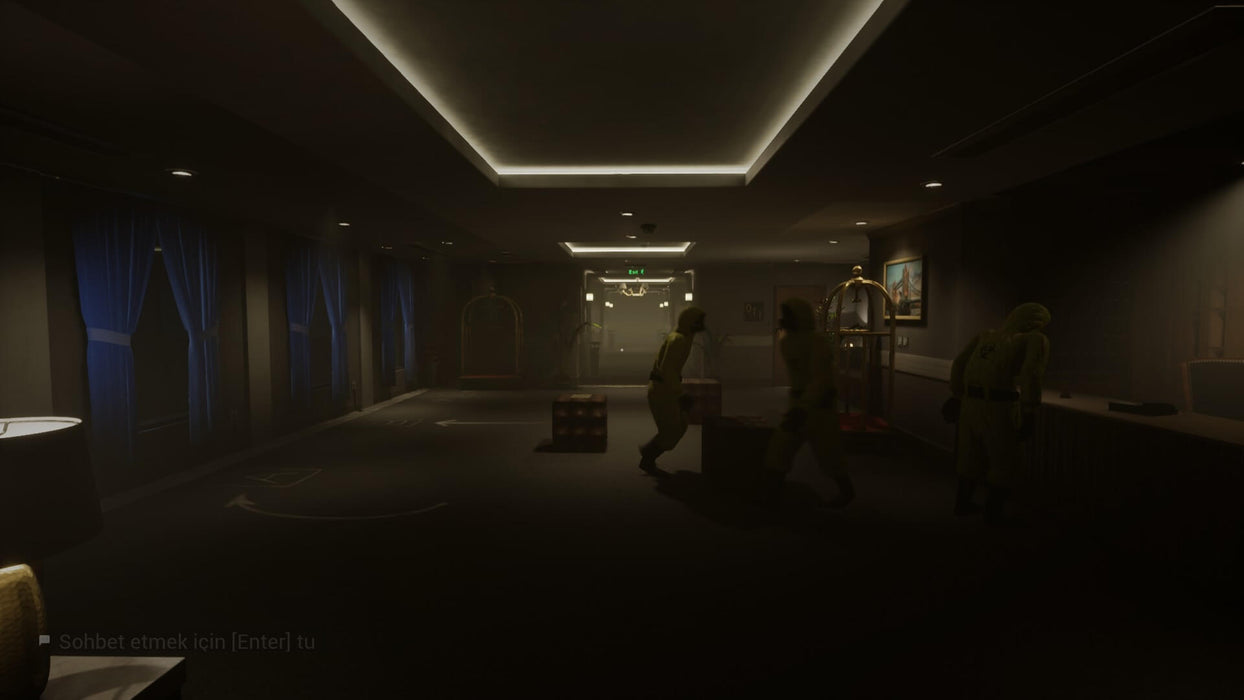 Gameplay screenshot - Escape the Backrooms PC Steam gameplay in a dark hotel corridor where players in hazmat suits explore a dimly lit area with eerie blue curtains and scattered objects. Shadows and limited visibility heighten the unsettling atmosphere. Secure your Escape the Backrooms PC Steam activation key today at RushGame.co and unravel the mysteries of the unknown