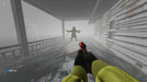 In-game screenshot - Escape the Backrooms PC Steam horror gameplay as a player in a hazmat suit encounters a humanoid creature on a fog-covered porch. The player's perspective shows a red flare gun aimed at the approaching entity. Buy your Escape the Backrooms PC Steam digital key now at RushGame.co and escape the lurking horrors