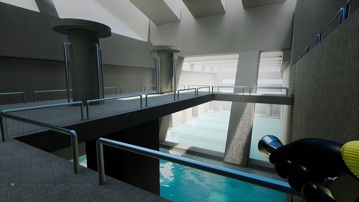 Escape the Backrooms PC Steam gameplay screenshot - inside an eerie tiled facility with walkways above a mysterious pool of water. The player holds a flashlight, illuminating the sterile yet unsettling environment. Get your Escape the Backrooms PC Steam key instantly at RushGame.co and delve into the terrifying unknown