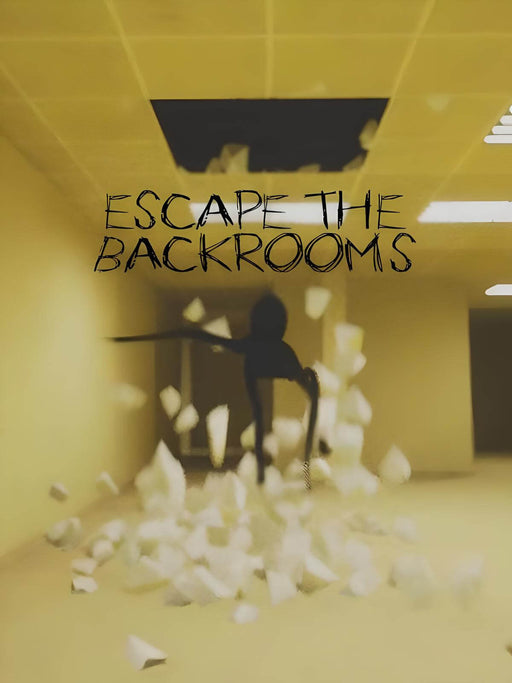 Escape the Backrooms PC Steam cover art featuring a shadowy figure emerging from the ceiling in a yellow-tinted, eerie hallway. The game's title is displayed in a distorted font, emphasizing its horror and psychological thriller elements. Buy your Escape the Backrooms PC Steam digital key now at RushGame.co and survive the nightmare