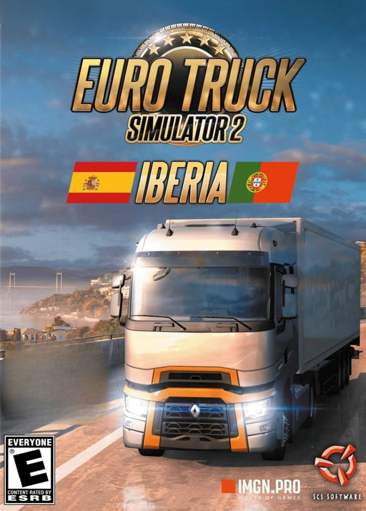 Official cover art for Euro Truck Simulator 2 - Iberia DLC on PC (Steam), featuring a modern Renault truck driving along a scenic highway with Spanish and Portuguese flags. Rated Everyone by ESRB, this expansion brings new destinations and challenges to the ETS2 experience. Buy Euro Truck Simulator 2 - Iberia DLC PC Steam CD Key at RushGame.co for instant digital delivery