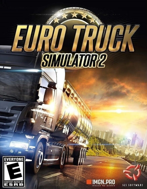 Official cover art for Euro Truck Simulator 2, featuring a powerful semi-truck transporting a tanker against a golden sunset. Experience a realistic truck driving simulation with immersive gameplay. Buy your Euro Truck Simulator 2 PC Steam CD Key now at RushGame.co for instant digital delivery