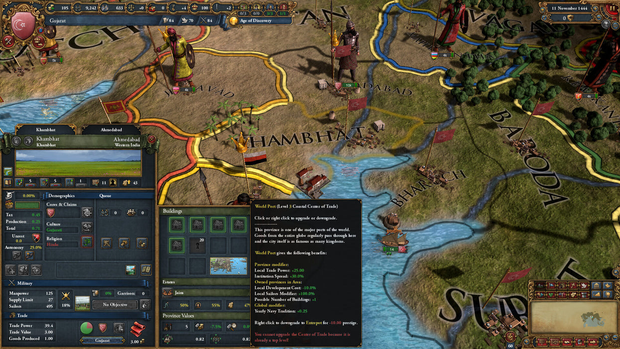 Gameplay screenshot - A strategic view of Gujarat in Europa Universalis IV, showcasing province management, trade centers, and armies during the Age of Discovery. Build an empire and dominate global trade. Purchase your Europa Universalis IV PC Steam CD Key now at RushGame.co