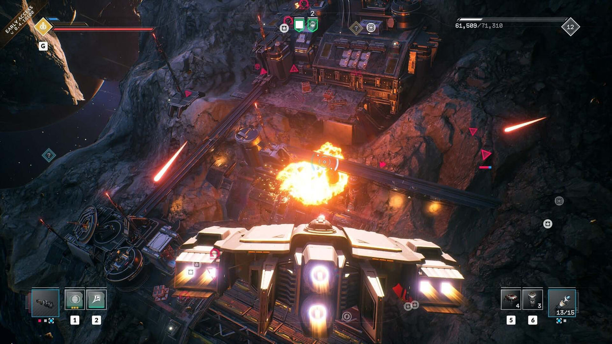 Gameplay screenshot - A close-up view of a white starship launching an attack on an enemy base in EVERSPACE 2, with explosions and laser fire lighting up the battlefield. Experience adrenaline-fueled dogfights in deep space. Buy your EVERSPACE 2 PC Steam CD Key instantly at RushGame.co