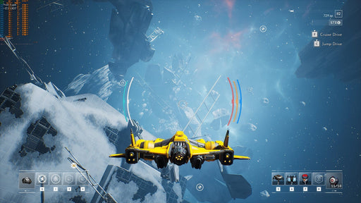 Gameplay screenshot - A yellow starfighter flying through a stunning icy asteroid field in EVERSPACE 2, with detailed cockpit HUD elements visible. Engage in intense space battles and explore vast star systems. Get your EVERSPACE 2 PC Steam CD Key today at RushGame.co