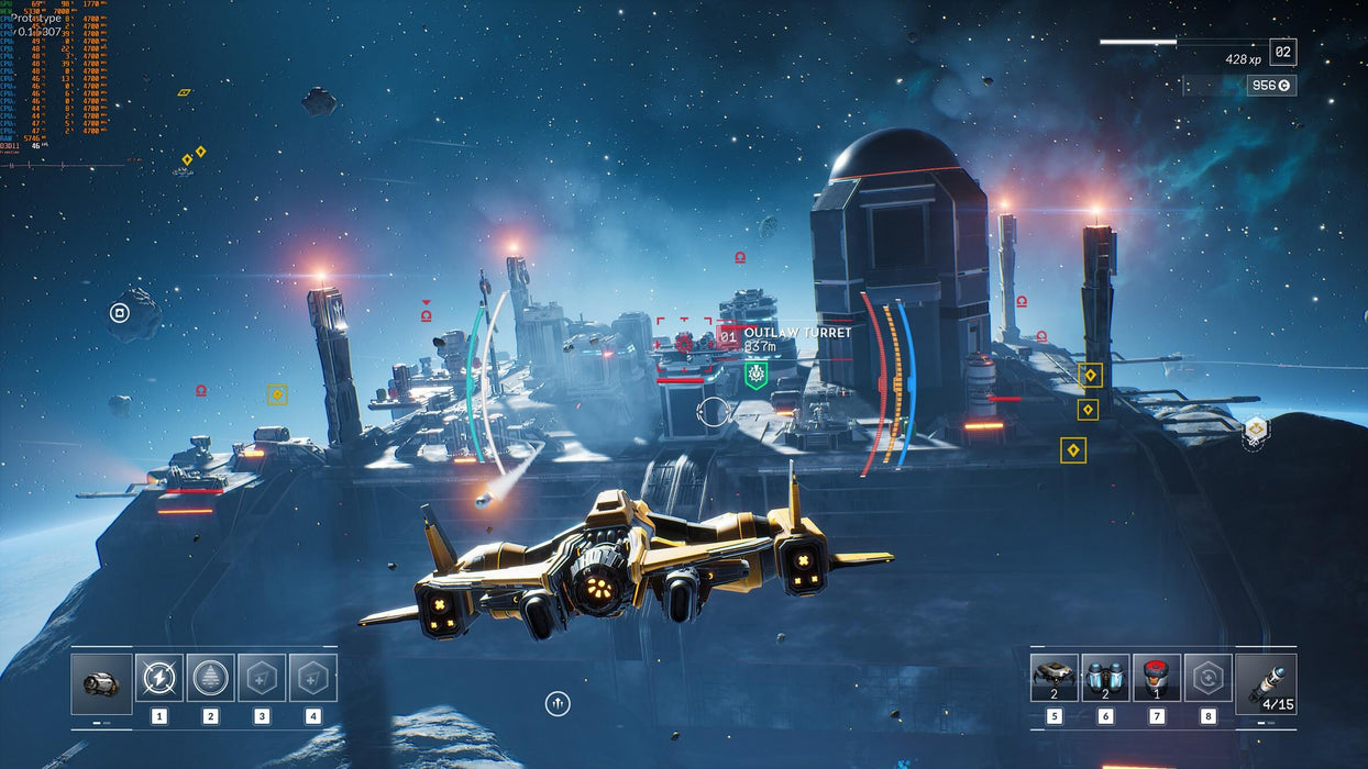 Gameplay screenshot - A thrilling space battle scene in EVERSPACE 2, as a starfighter approaches a heavily fortified enemy station with turrets and red warning indicators. Test your piloting skills in high-stakes combat. Purchase your EVERSPACE 2 PC Steam CD Key now at RushGame.c