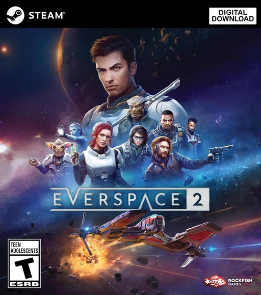 Cover art for EVERSPACE 2, featuring a diverse cast of characters in futuristic space armor and a starfighter soaring through an explosive battle. Experience fast-paced space combat and exploration. Buy your EVERSPACE 2 PC Steam CD Key now at RushGame.co for instant digital delivery