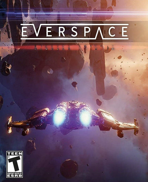 cover art for Everspace, showcasing a sleek spaceship soaring through a vast asteroid field with glowing thrusters. Experience fast-paced space combat and exploration in this roguelike shooter. Buy your Everspace PC GOG CD Key now at RushGame.co for instant digital delivery