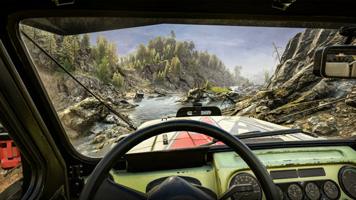 Gameplay screenshot - First-person perspective inside an off-road truck in Expeditions: A MudRunner Game for PC Steam, driving through a river with stunning natural scenery in the background. Get your digital game key at RushGame.co