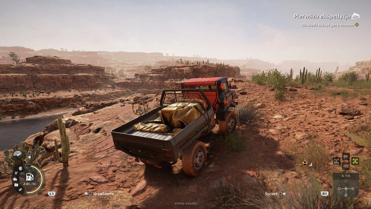 In-game screenshot from Expeditions: A MudRunner Game on PC Steam, showing a rugged off-road truck navigating a vast desert canyon with realistic terrain and detailed vehicle physics. Buy your Steam CD key instantly at RushGame.co