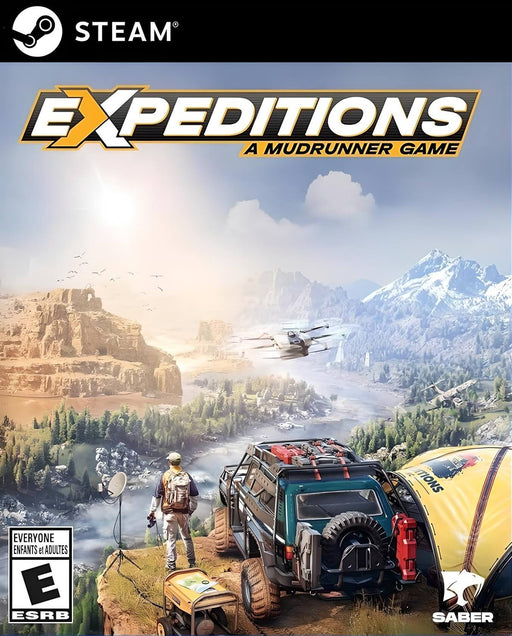 Cover art of Expeditions: A MudRunner Game for PC Steam, featuring an explorer standing beside an off-road vehicle, surveying a rugged landscape with drones flying overhead. Get your digital activation key now at RushGame.co