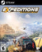 Cover art of Expeditions: A MudRunner Game for PC Steam, featuring an explorer standing beside an off-road vehicle, surveying a rugged landscape with drones flying overhead. Get your digital activation key now at RushGame.co