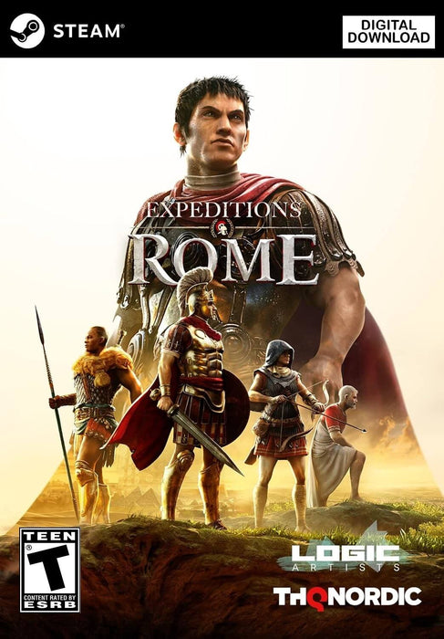 Cover art of Expeditions: Rome for PC Steam, featuring a Roman general and his companions standing ready for battle against a golden sunset. Buy your digital game key now at RushGame.co