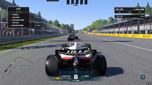 Game screen - A Haas F1 car chases Ferrari down the straight at Monza in F1 22 for PC EA Play, with live lap times and race data displayed. Buy your game key now at RushGame.co