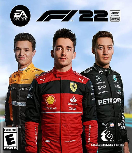 Cover art of F1 22 for PC EA Play, featuring Charles Leclerc, Lando Norris, and George Russell in their official F1 team suits. Buy your digital game key now at RushGame.co