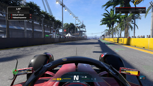 F1 22 in-game screenshot featuring a Ferrari Formula 1 car on a Singapore street circuit, viewed from the cockpit. The track is surrounded by palm trees and illuminated under bright sunlight. Get your F1 22 PC Origin EA Play CD Key at RushGame.co and enjoy immersive Formula 1 racing