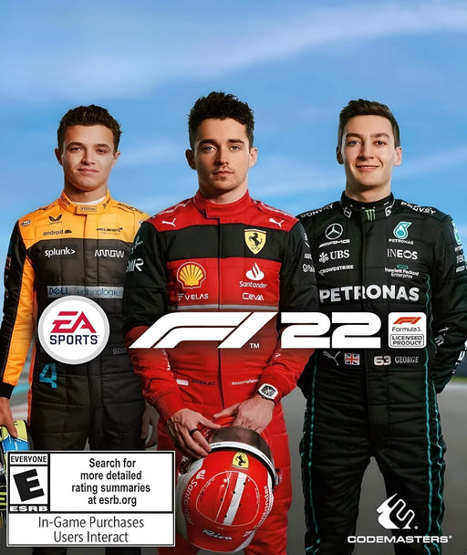 The cover art of F1 22 featuring Charles Leclerc, Lando Norris, and George Russell in their respective team uniforms. The game is developed by Codemasters and published by EA Sports. Buy F1 22 PC Origin EA Play CD Key at RushGame.co for instant access to high-speed racing action