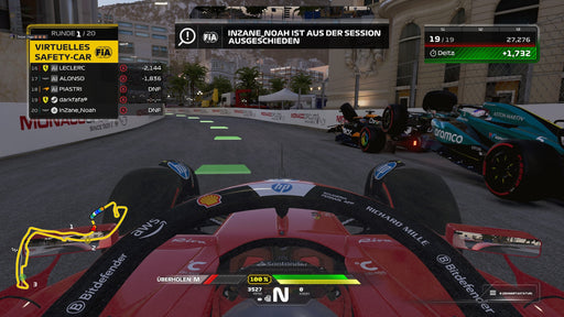 F1 24 gameplay image showing an intense virtual safety car situation in Monaco, with a Ferrari leading the race while an Aston Martin and McLaren crash into the barriers. Purchase your F1 24 Xbox One & Xbox Series X|S CD Key at RushGame.co and navigate high-stakes moments in realistic Formula 1 races