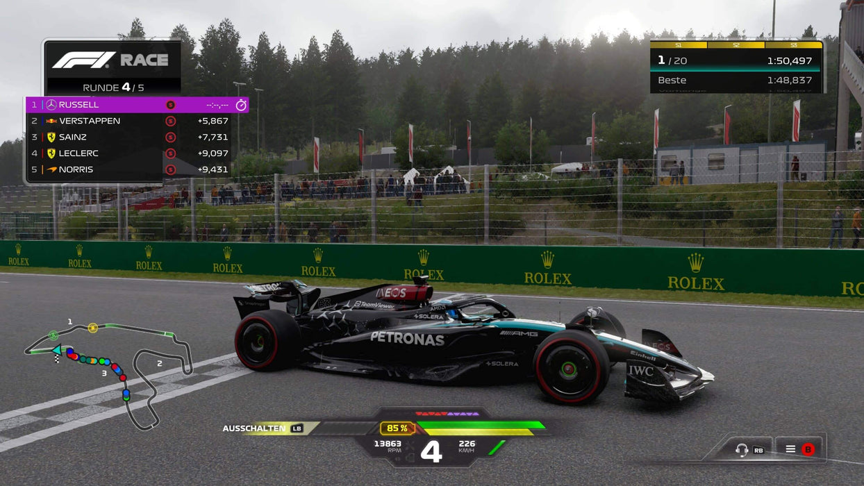 Gameplay image from F1 24 showing a Mercedes-AMG Formula 1 car on a scenic race track, with race standings displayed on the left. The player is leading the race with George Russell in first place. Buy F1 24 Xbox One & Xbox Series X|S CD Key at RushGame.co and experience realistic F1 action