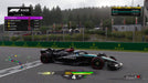 Gameplay image from F1 24 showing a Mercedes-AMG Formula 1 car on a scenic race track, with race standings displayed on the left. The player is leading the race with George Russell in first place. Buy F1 24 Xbox One & Xbox Series X|S CD Key at RushGame.co and experience realistic F1 action