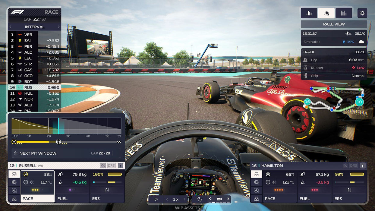 In-game cockpit view from F1 Manager 2023 showing George Russell racing side-by-side with an Alfa Romeo on a tight turn. The race interface displays telemetry data, tire wear, and strategic insights. Buy your F1 Manager 2023 Deluxe Edition PC Steam CD Key at RushGame.co and experience the thrill of managing an elite racing team