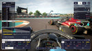 In-game cockpit view from F1 Manager 2023 showing George Russell racing side-by-side with an Alfa Romeo on a tight turn. The race interface displays telemetry data, tire wear, and strategic insights. Buy your F1 Manager 2023 Deluxe Edition PC Steam CD Key at RushGame.co and experience the thrill of managing an elite racing team