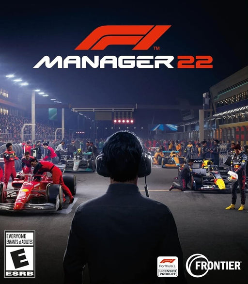 Cover art for F1 Manager 2022, featuring a team principal overseeing a busy pit lane filled with Formula 1 cars and mechanics under bright race lights. Purchase your F1 Manager 2022 PC Steam CD Key at RushGame.co and take control of an F1 team with strategic depth and realism