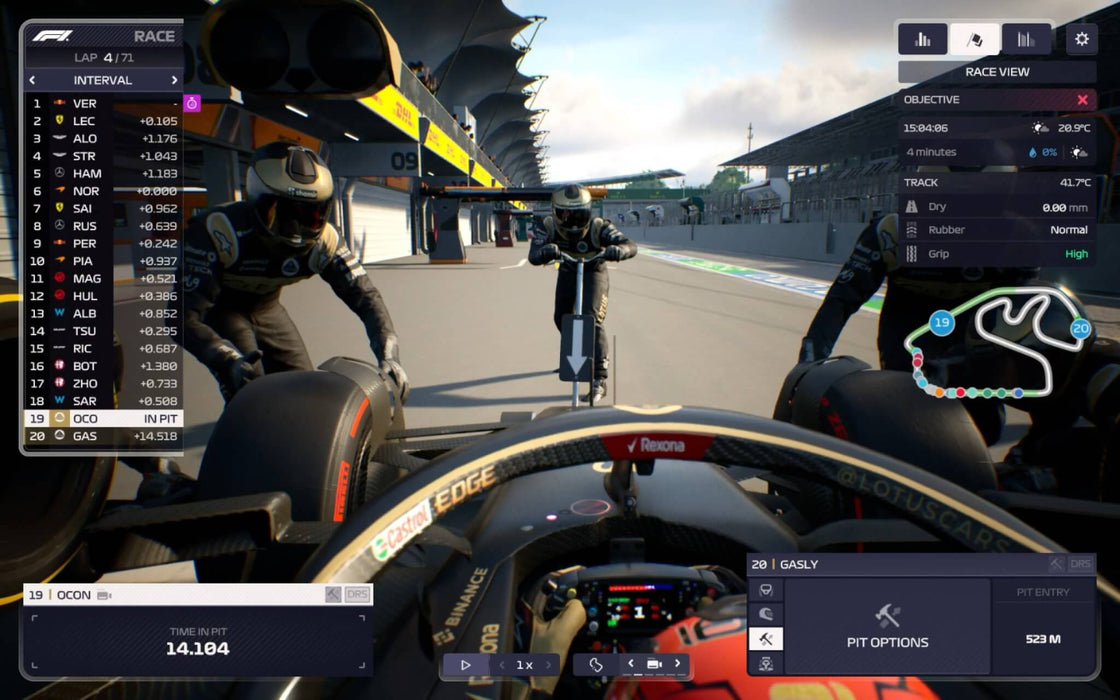 First-person pit stop perspective from F1 Manager 2023 on PC Steam, highlighting real-time race strategy, weather conditions, and car performance stats. Buy the official game key at RushGame.co and master the art of Formula 1 management