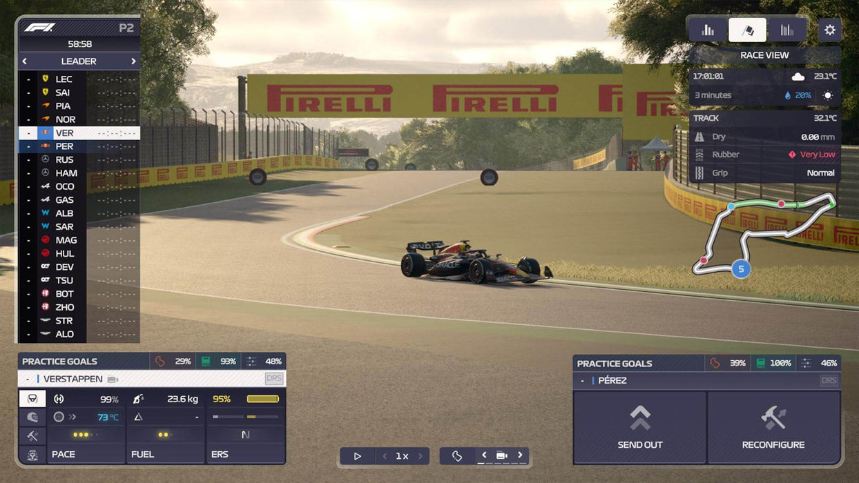 In-game screenshot from F1 Manager 2023 on PC Steam, showcasing a Red Bull Formula 1 car during a practice session with detailed race telemetry. Manage your team and lead them to victory with a digital key from RushGame.co