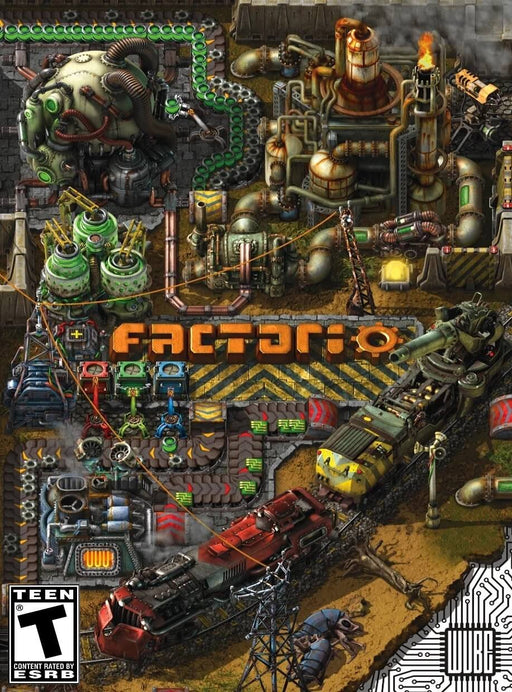 cover art for Factorio on PC Steam, featuring a complex industrial setup with conveyor belts, machinery, and a futuristic factory. Buy the digital game key now at RushGame.co and build your ultimate automated production empire