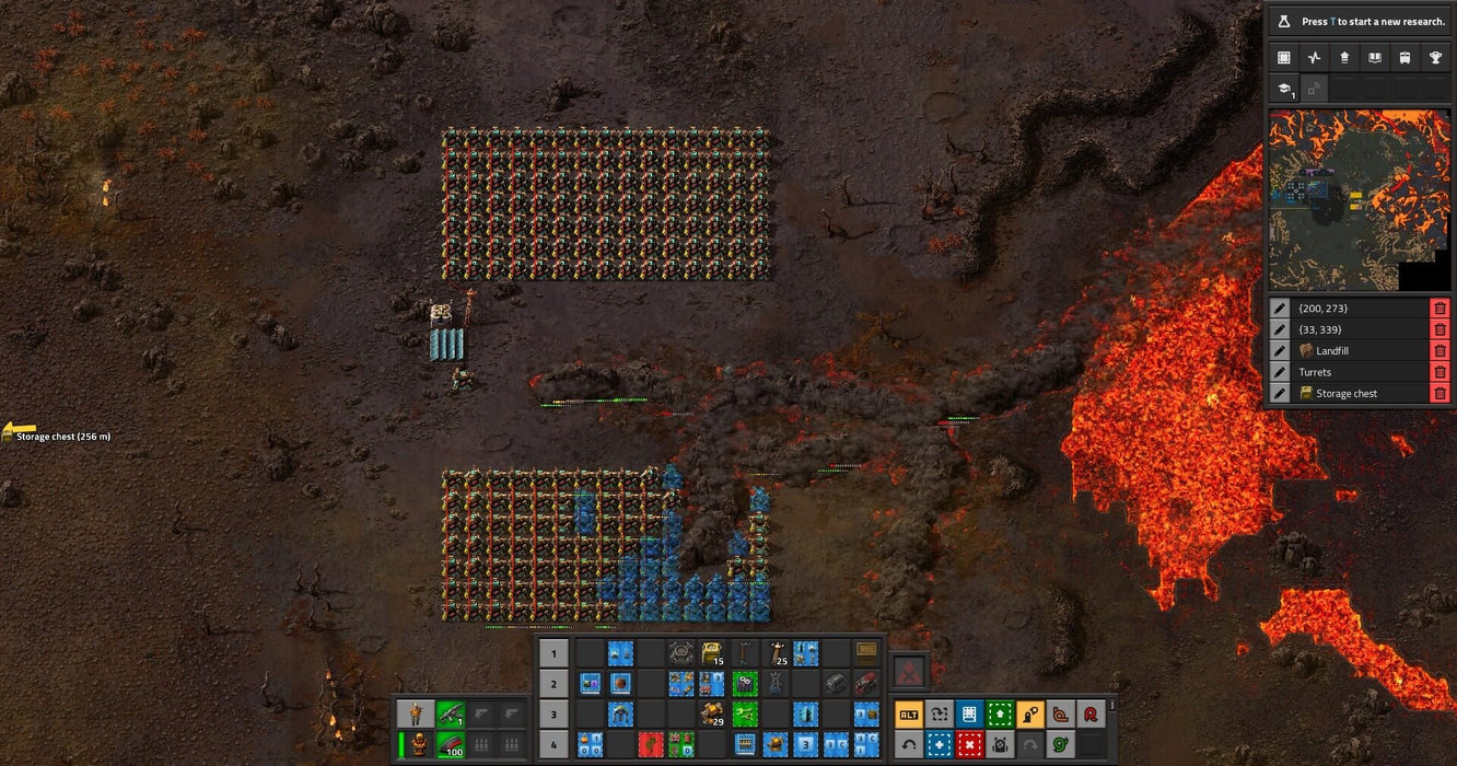 Gameplay screenshot - A high-level industrial base in Factorio for PC Steam, featuring an expansive mining operation near a volcanic lava flow. Build, optimize, and automate your production—purchase the official digital key now at RushGame.co
